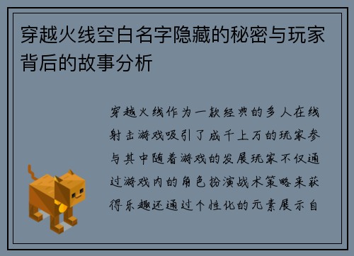 穿越火线空白名字隐藏的秘密与玩家背后的故事分析