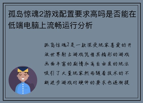 孤岛惊魂2游戏配置要求高吗是否能在低端电脑上流畅运行分析